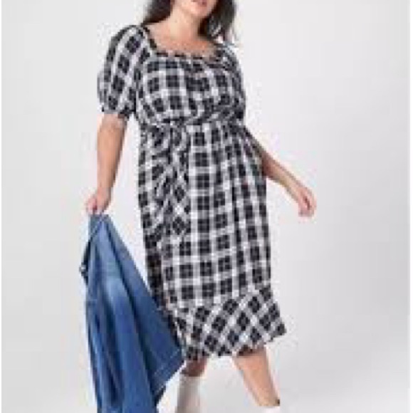 Lane Bryant Dresses & Skirts - Lane Bryant Dress 18/20 Black White Flannel Plaid Square Neck Puff Sleeve Belted